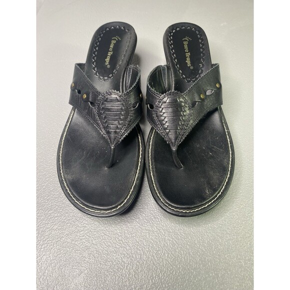 Bare Traps Womens Sandals Size 9 Black Leather Slip-on 2.5" Wedge Heel - Picture 6 of 9